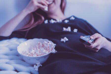 girl, food, popcorn, remote, tv, relax